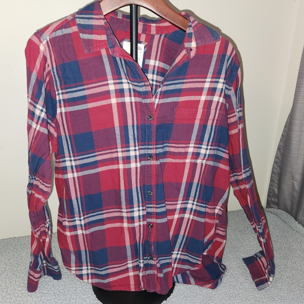 SO Women's Plaid Button Down Shirt - Red and Blue